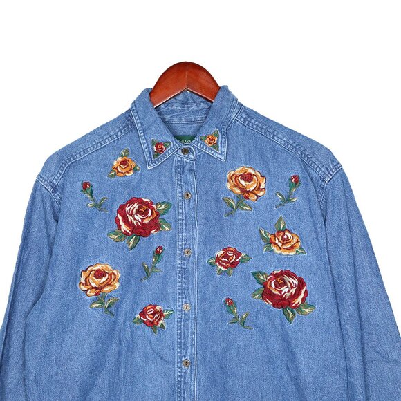 Vintage Bushwacker Floral Embroidered Oversized Denim Shirt Western Cottagecore - Picture 5 of 8